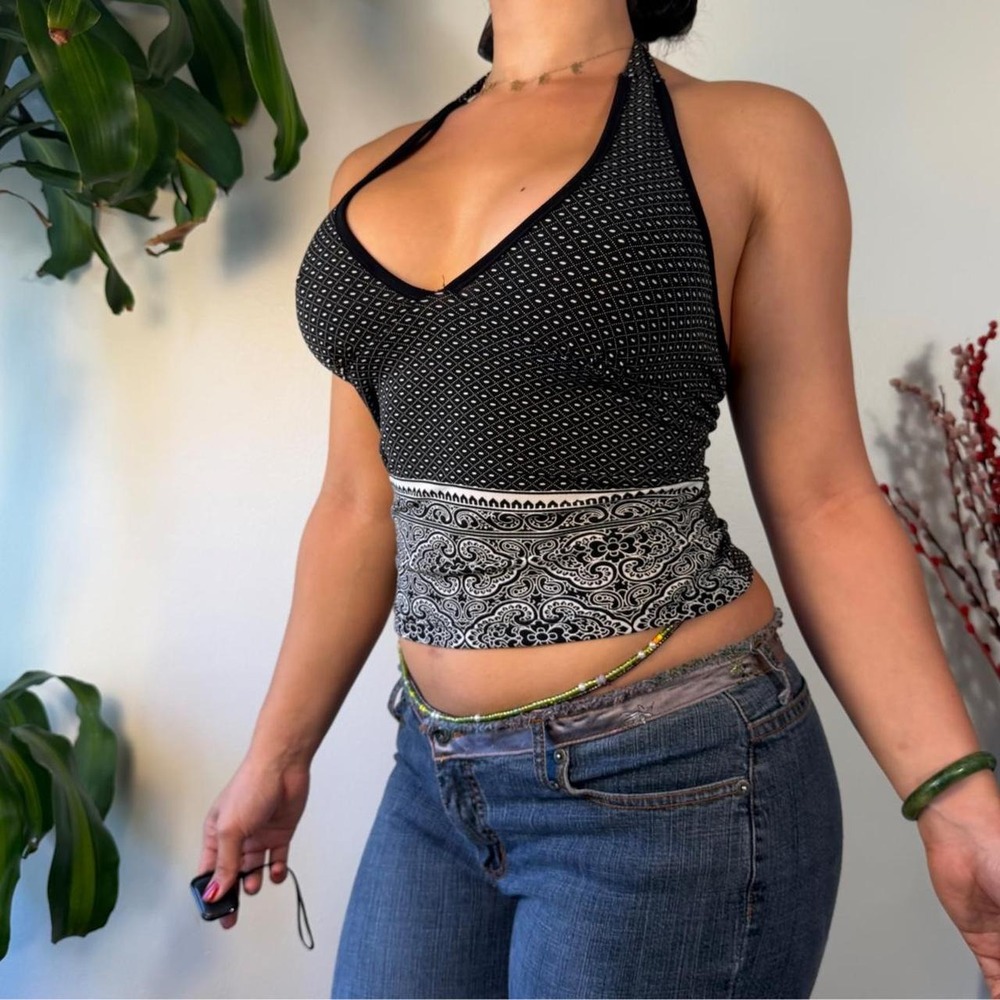 Wet Seal Vintage Y2K Polka Dot Paisley Halter Top Whimsygoth Black Grey Small - Picture 2 of 6
